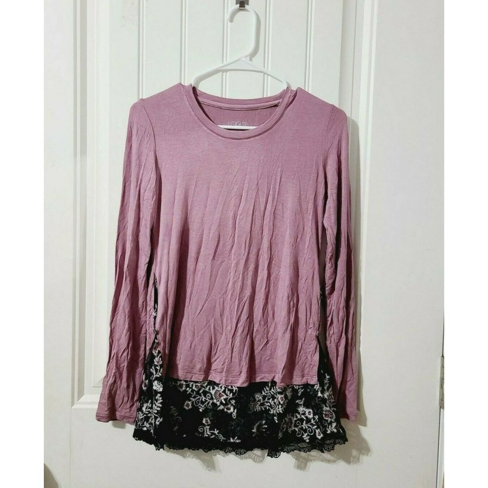 Logo By Lori Goldstein Long Sleeve Lace Detail Top Size XXS Purple Black